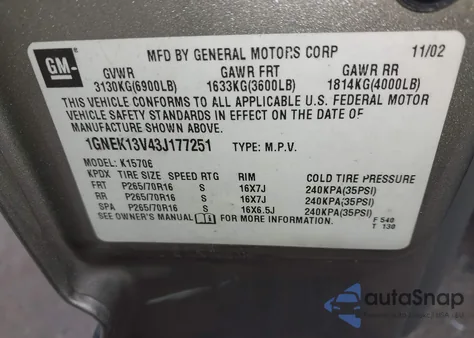 2003 Chevrolet Tahoe Ls из США, поврежденный, VIN 1GNEK13V43J177251